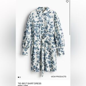 H&M Blue and White Floral Tie-Belt Shirt Dress